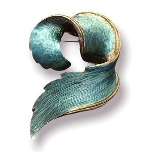 Vintage Jonette Jewelry Brooch Blue Feather Leaf Ribbon Pin